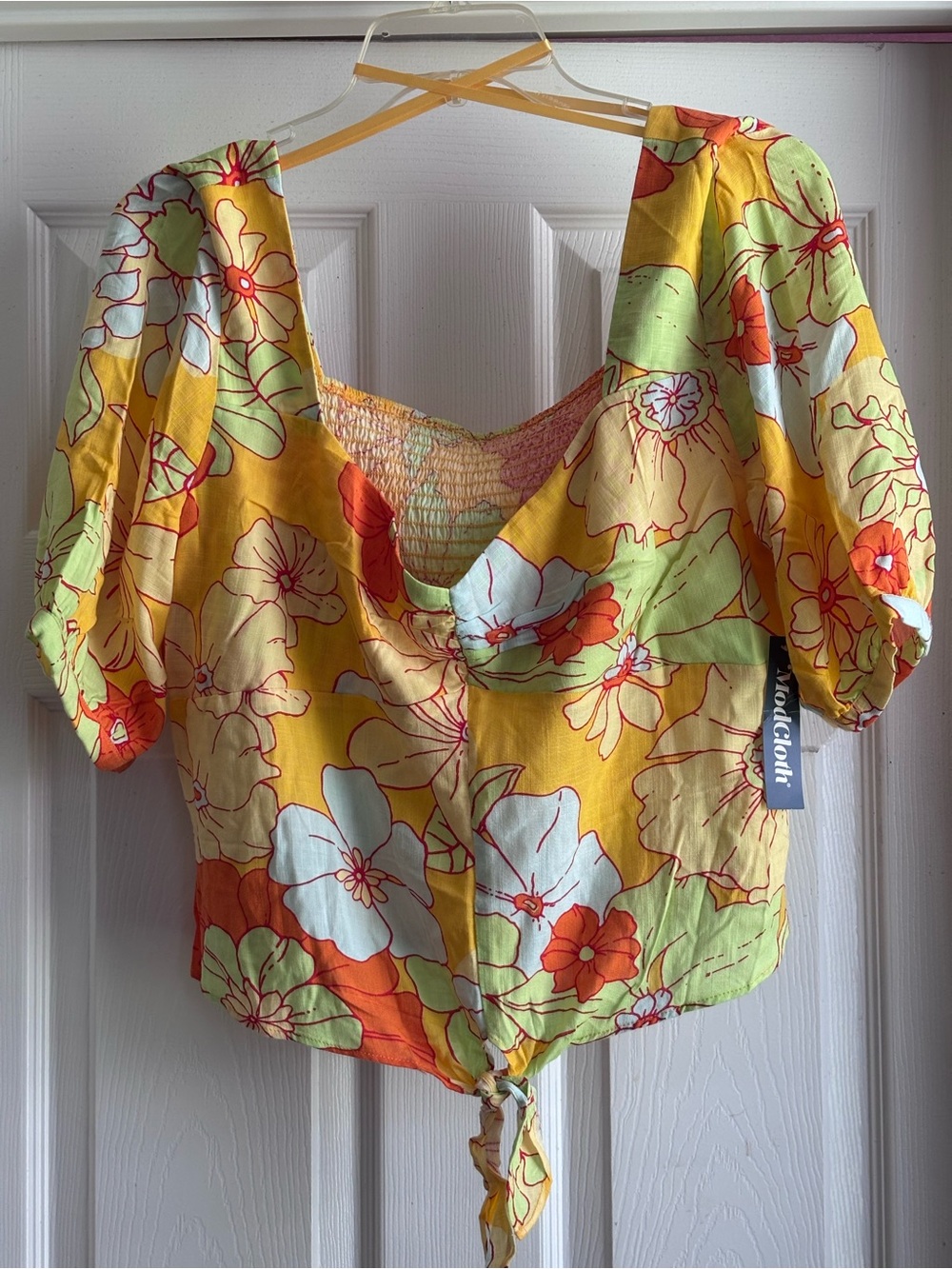 Modcloth Yellow Floral Tie-Front Puff Sleeve Crop Top
